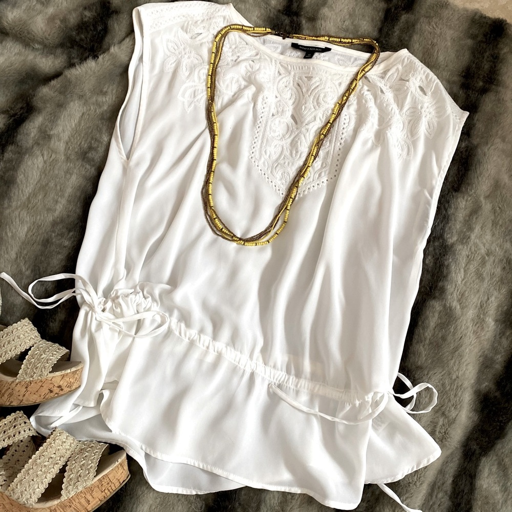 Boho white tunic, drop waist tie side.